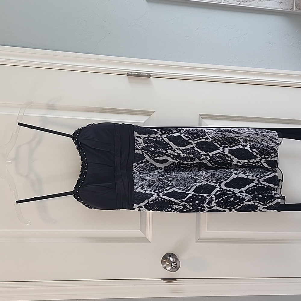 Black and snakeskin spaghetti strap dress